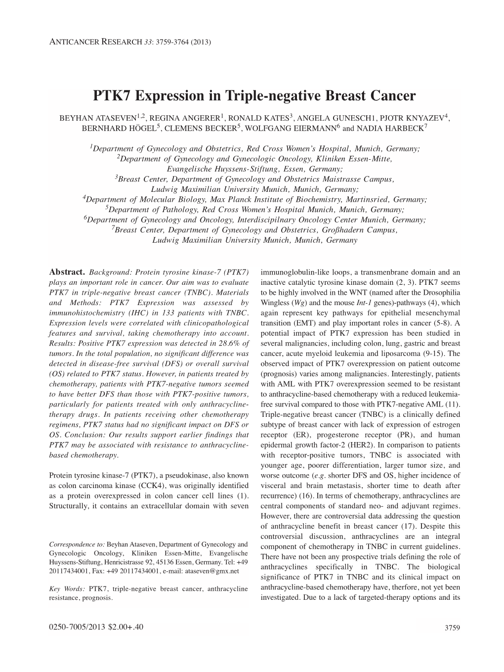 PTK7 Expression in Triple-Negative Breast Cancer