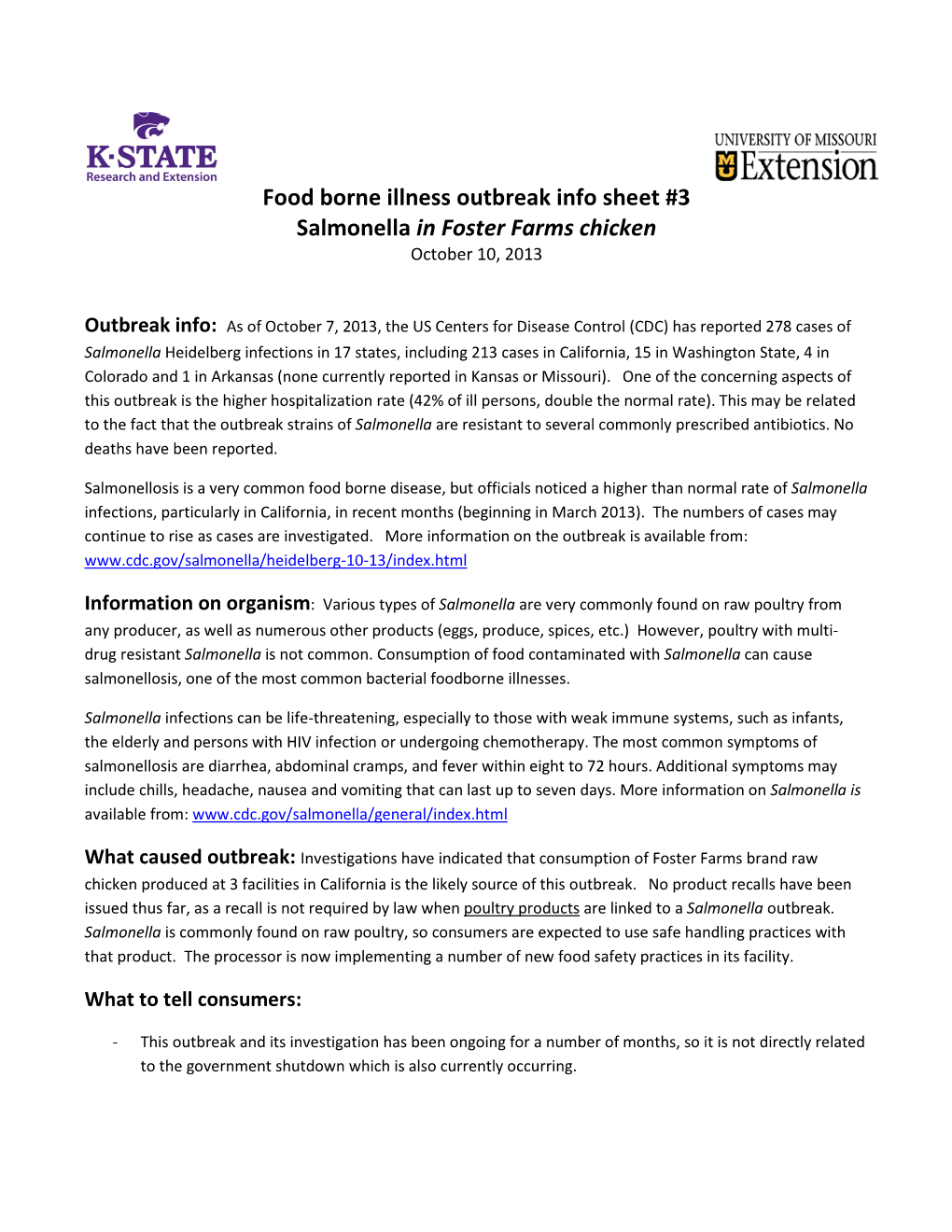 Food Borne Illness Outbreak Info Sheet #3 Salmonella in Foster Farms Chicken October 10, 2013