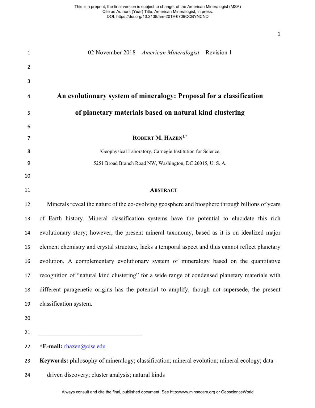 An Evolutionary System of Mineralogy: Proposal for a Classification Of