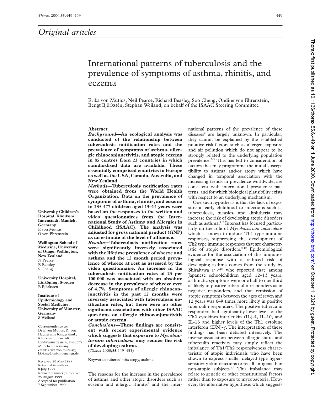 Original Articles International Patterns of Tuberculosis and the Prevalence of Symptoms of Asthma, Rhinitis, and Eczema