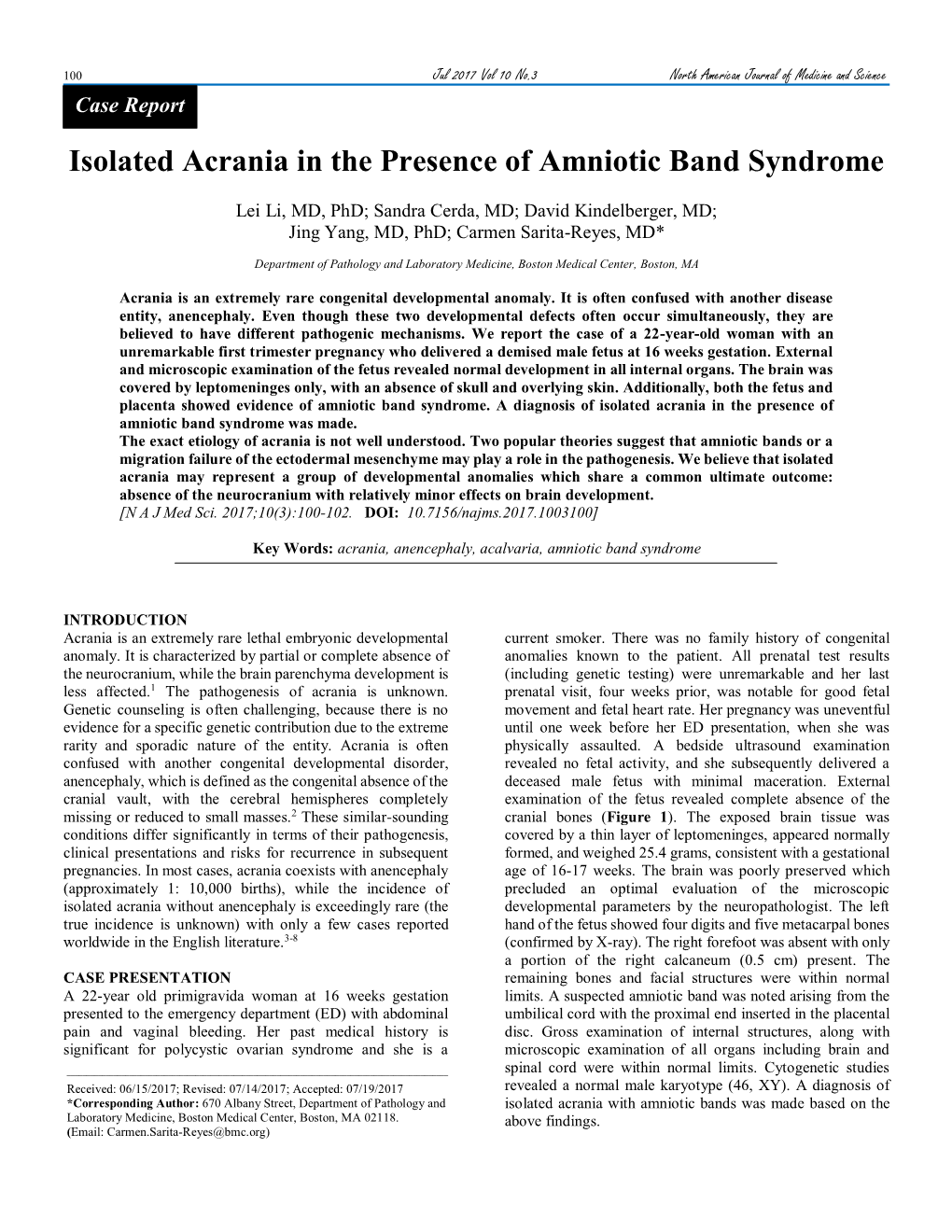 Isolated Acrania in the Presence of Amniotic Band Syndrome