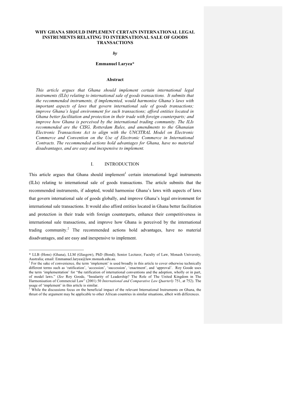 Why Ghana Should Implement Certain International Legal Instruments Relating to International Sale of Goods Transactions