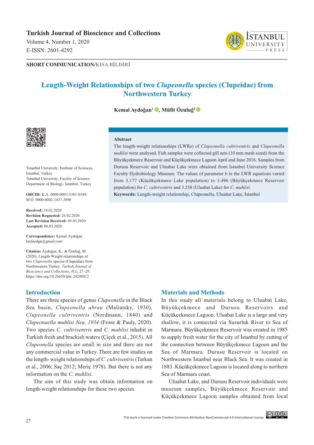 Length-Weight Relationships of Two Clupeonella Species (Clupeidae) from Northwestern Turkey