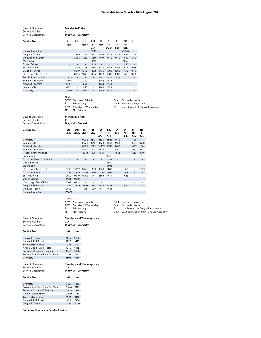 Timetable from Monday 16Th August 2021