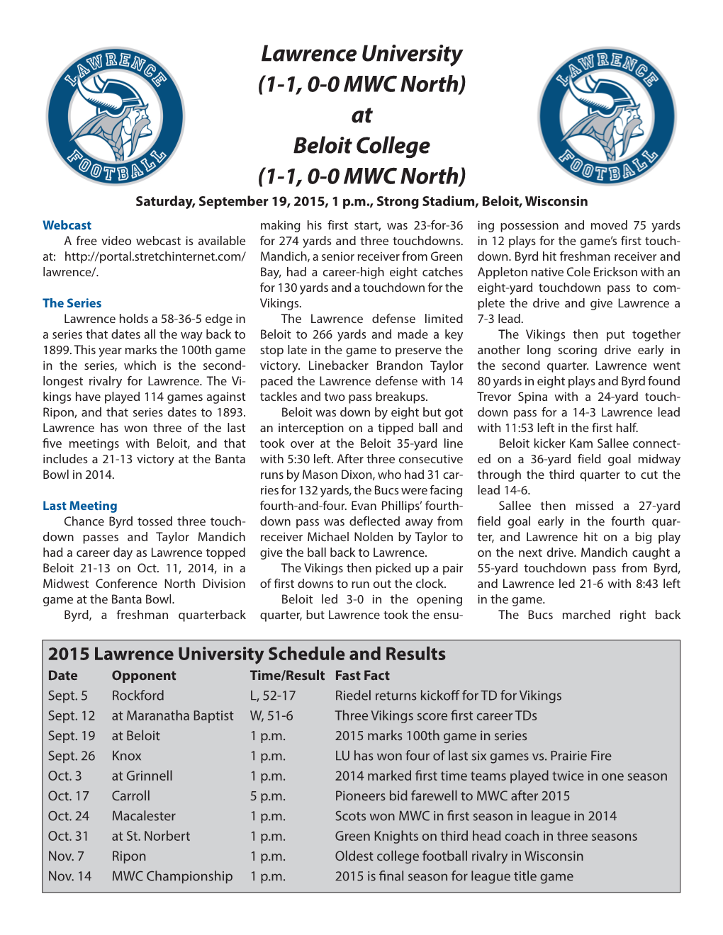 Lawrence University (1-1, 0-0 MWC North) at Beloit College (1-1, 0-0