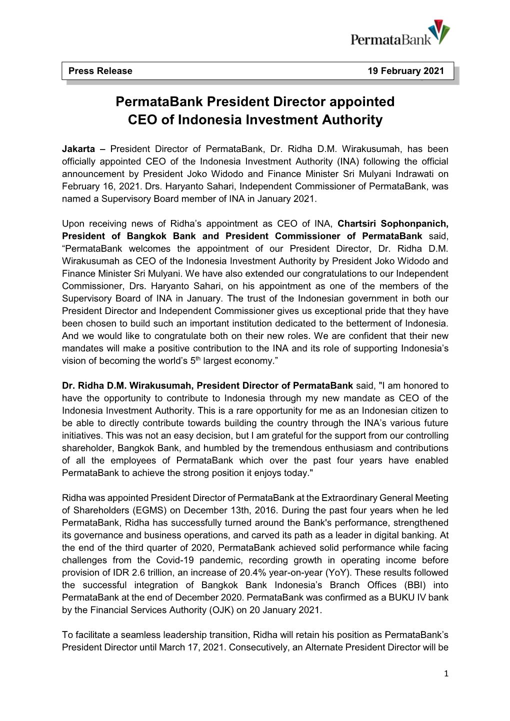 Permatabank President Director Appointed CEO of Indonesia Investment Authority