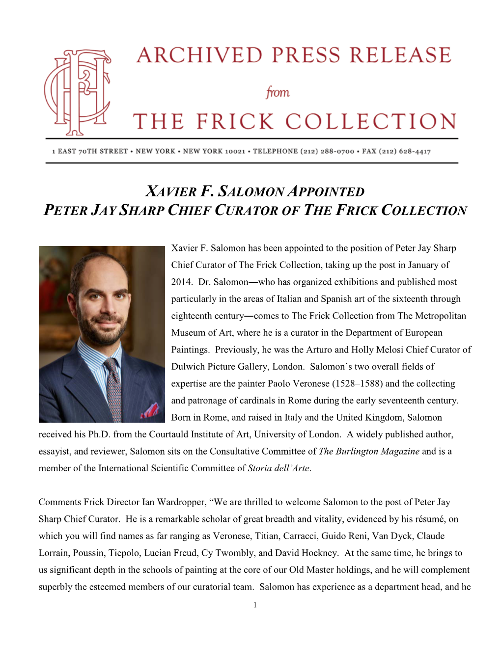 Xavier F. Salomon Appointed Peter Jay Sharp Chief Curator of the Frick Collection