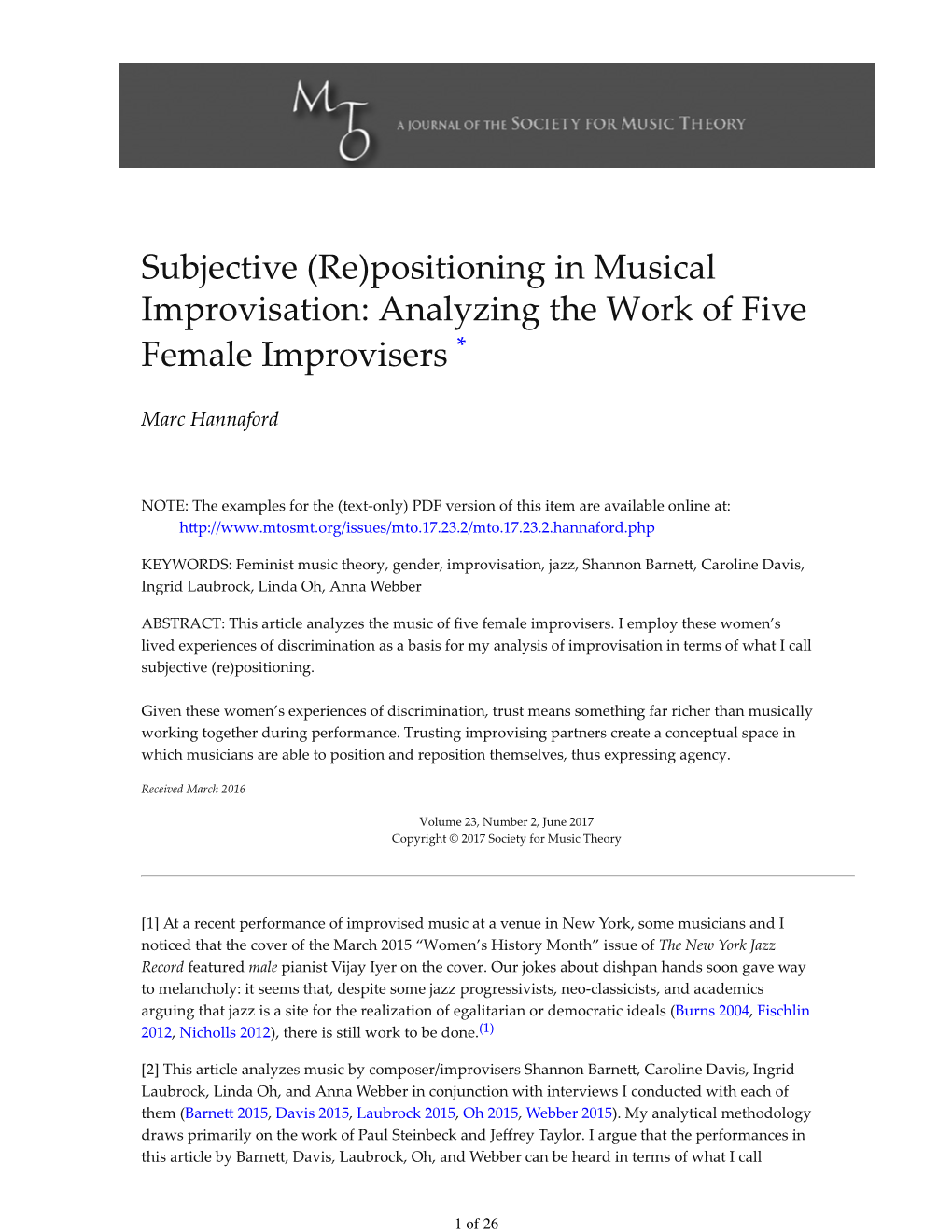 Subjective (Re)Positioning in Musical Improvisation: Analyzing the Work of Five Female Improvisers *