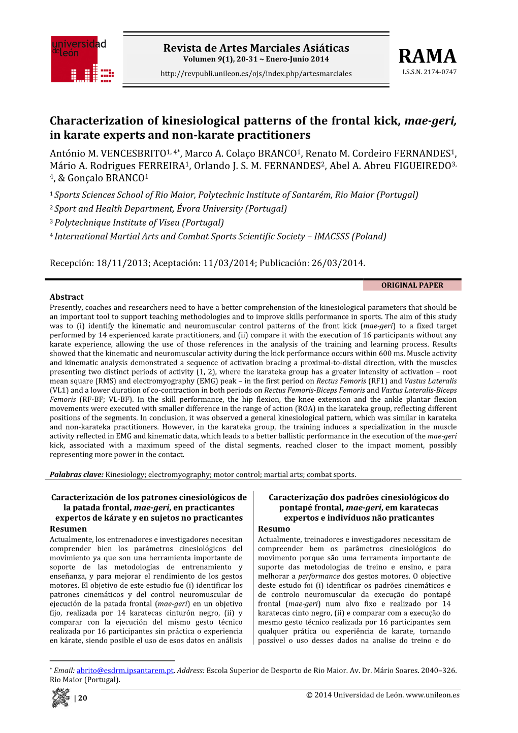 Characterization of Kinesiological Patterns of the Frontal Kick, Mae-Geri