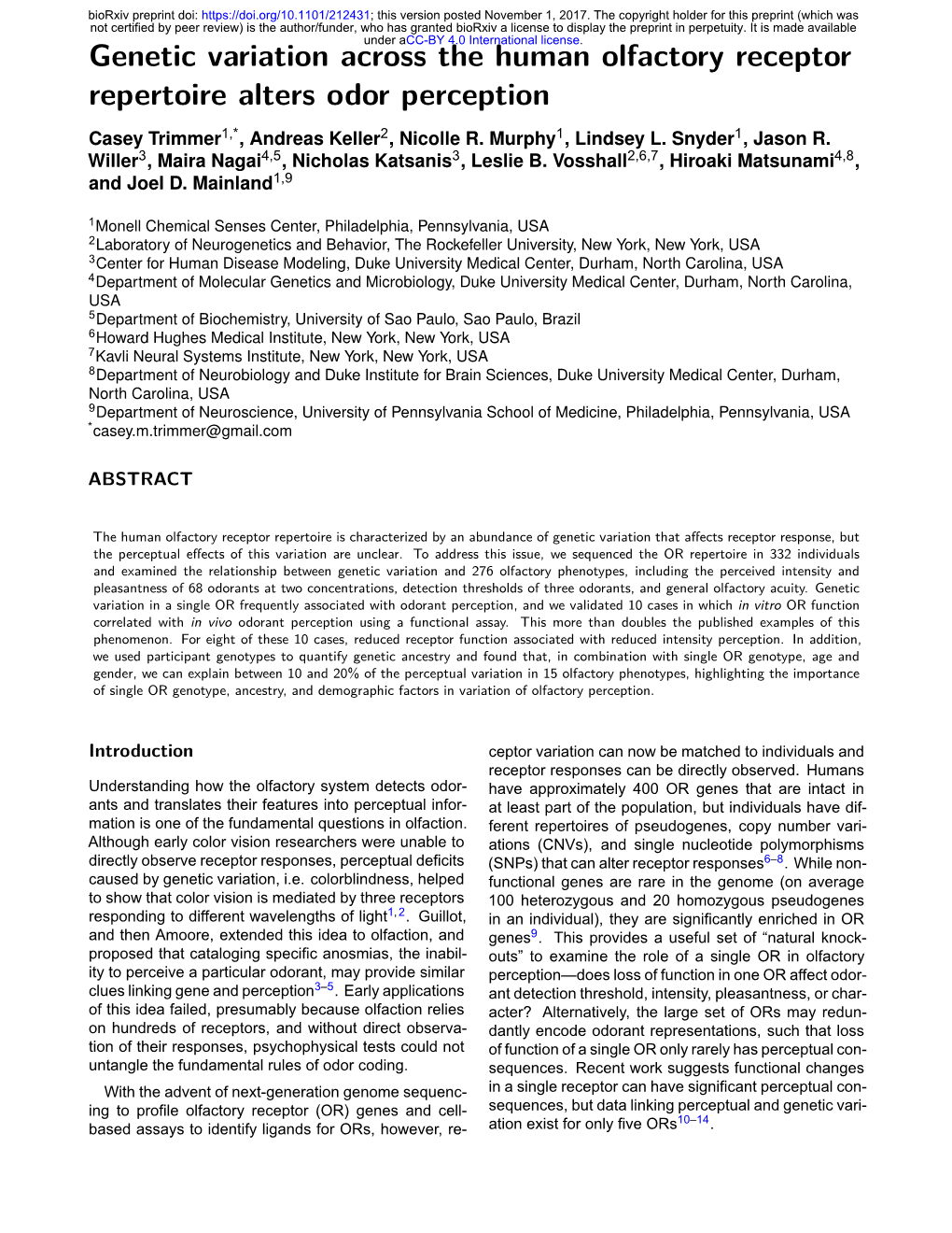 Genetic Variation Across the Human Olfactory Receptor Repertoire Alters Odor Perception