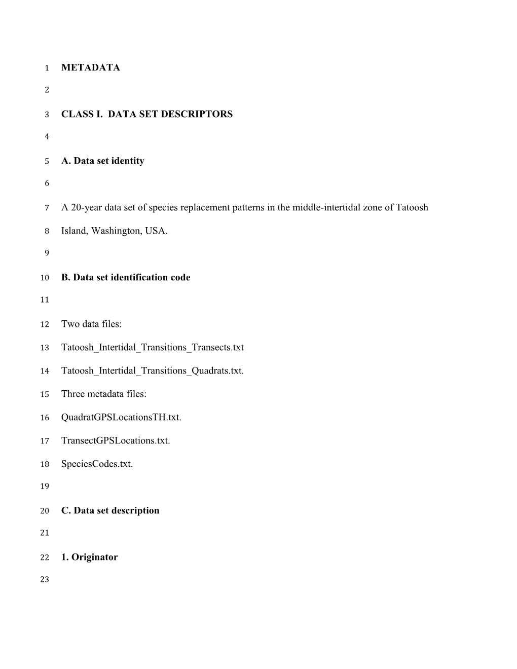 Class I. Data Set Descriptors