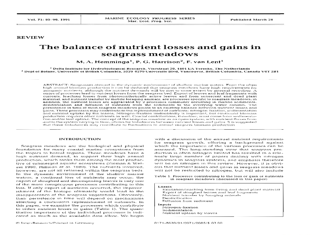 The Balance of Nutrient Losses and Gains in Seaccrass Meadows M