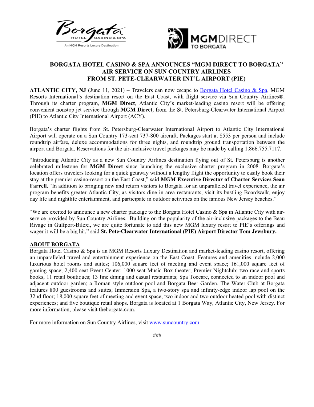 “Mgm Direct to Borgata” Air Service on Sun Country Airlines from St. Pete-Clearwater Int'l Airport