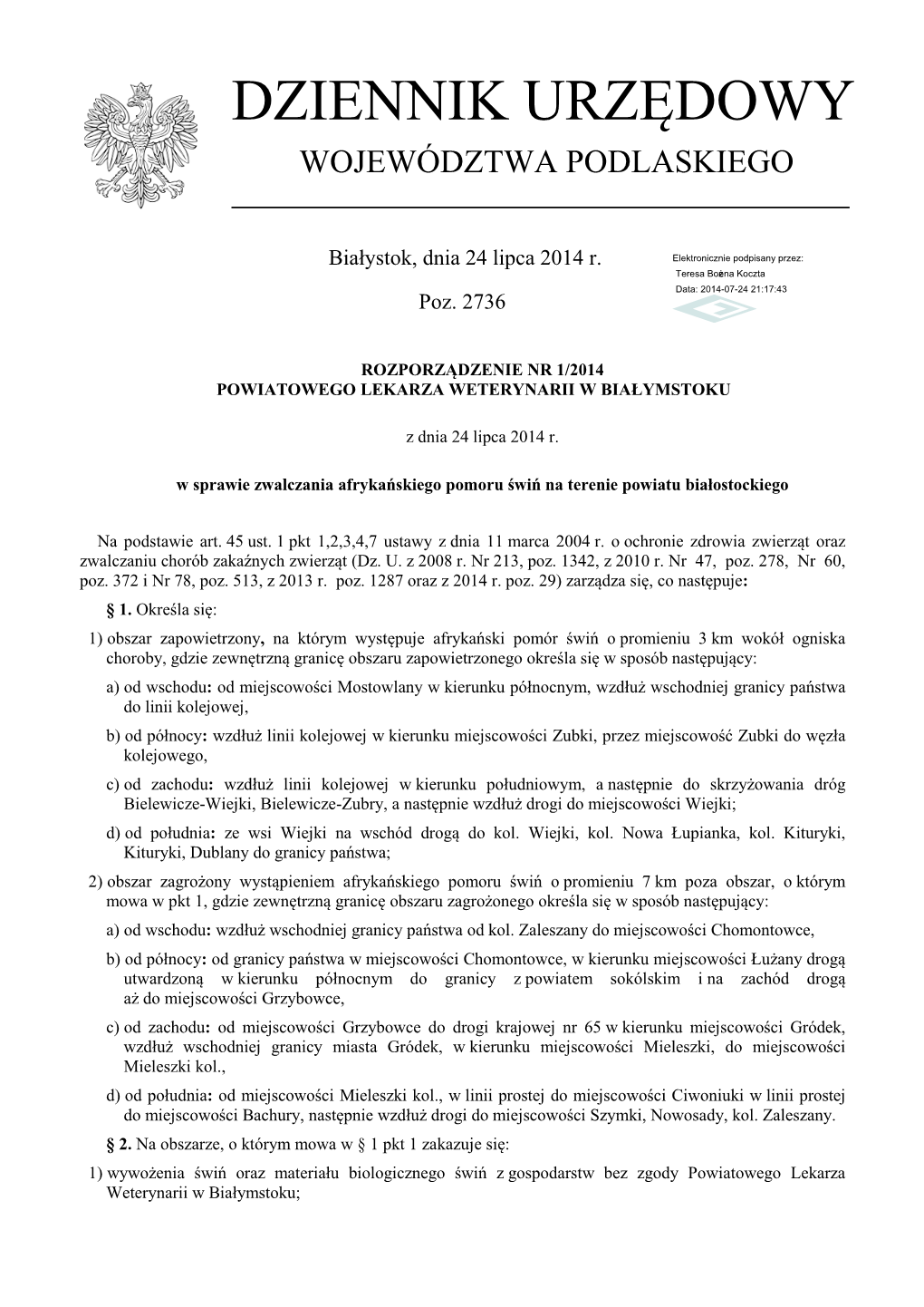 Rozporządzenie Nr 1/2014 Powiatowego Lekarza Weterynarii W Białymstoku