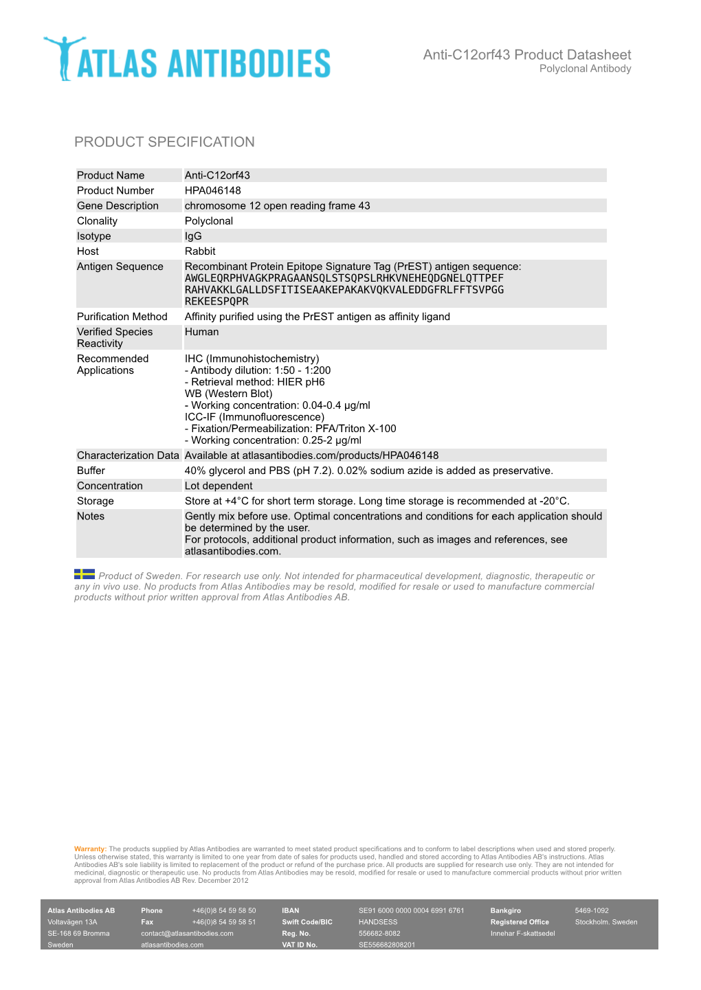 PRODUCT SPECIFICATION Anti-C12orf43