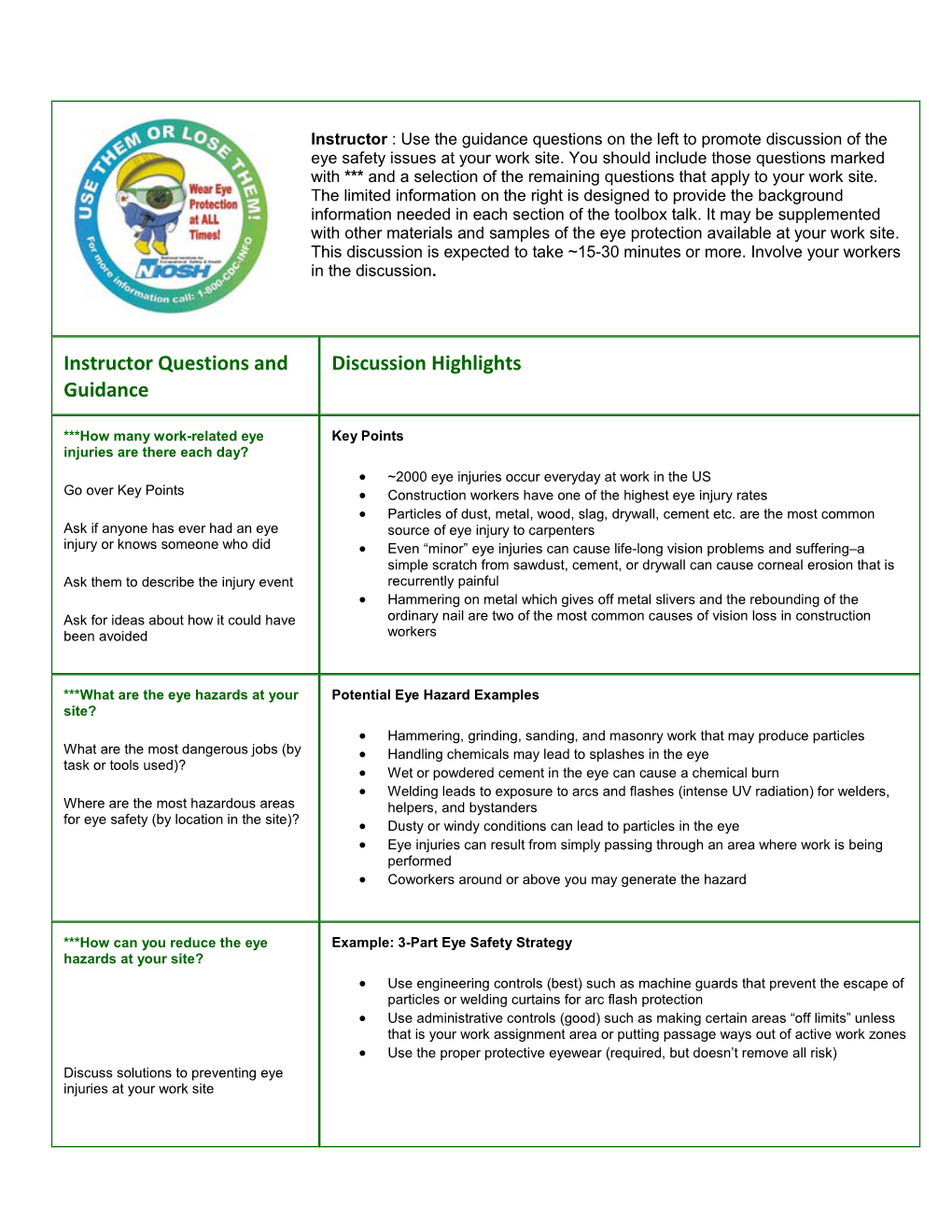 Eye Safety Tool Box Talk