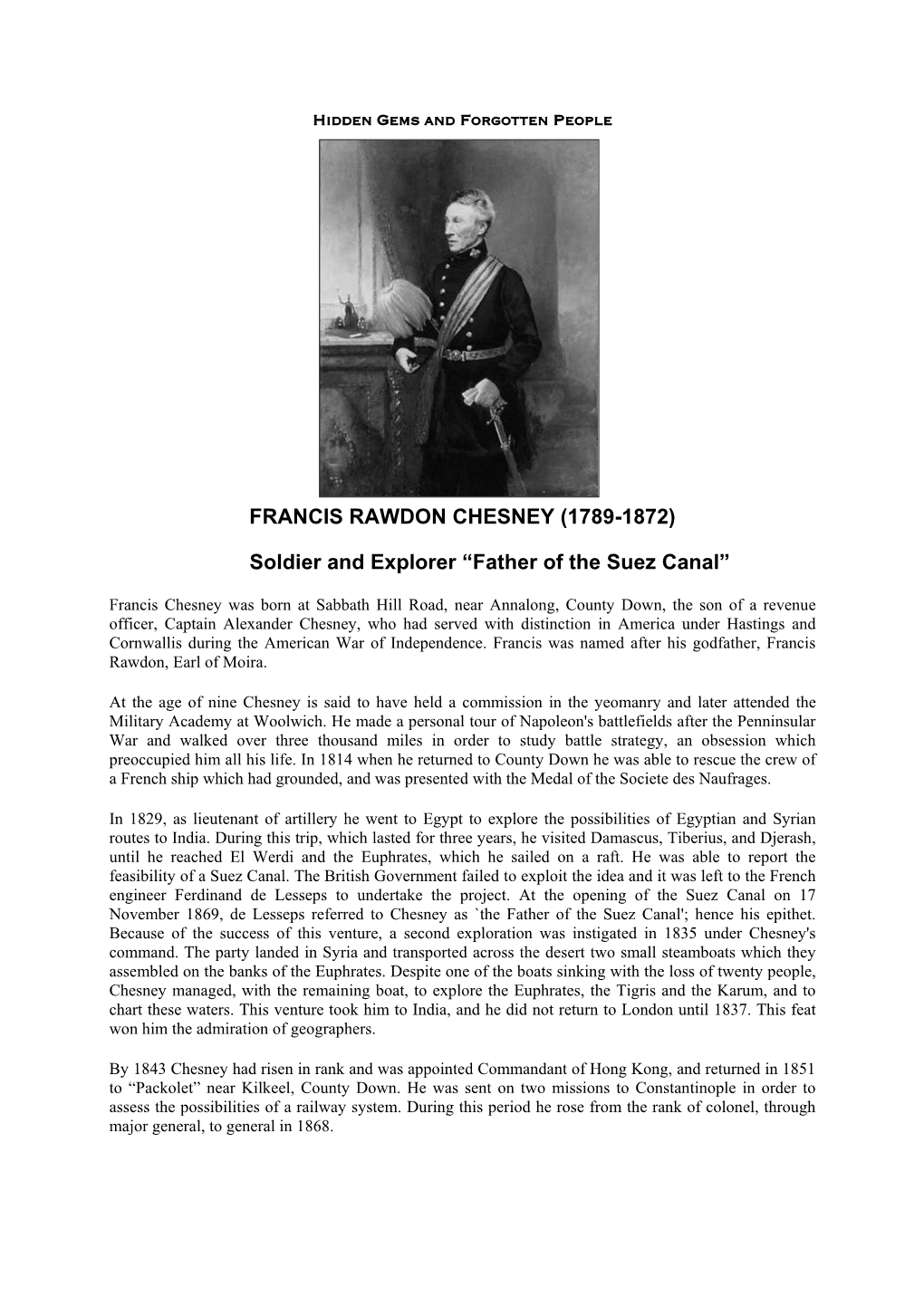 FRANCIS RAWDON CHESNEY (1789-1872) Soldier and Explorer “Father of the Suez Canal”