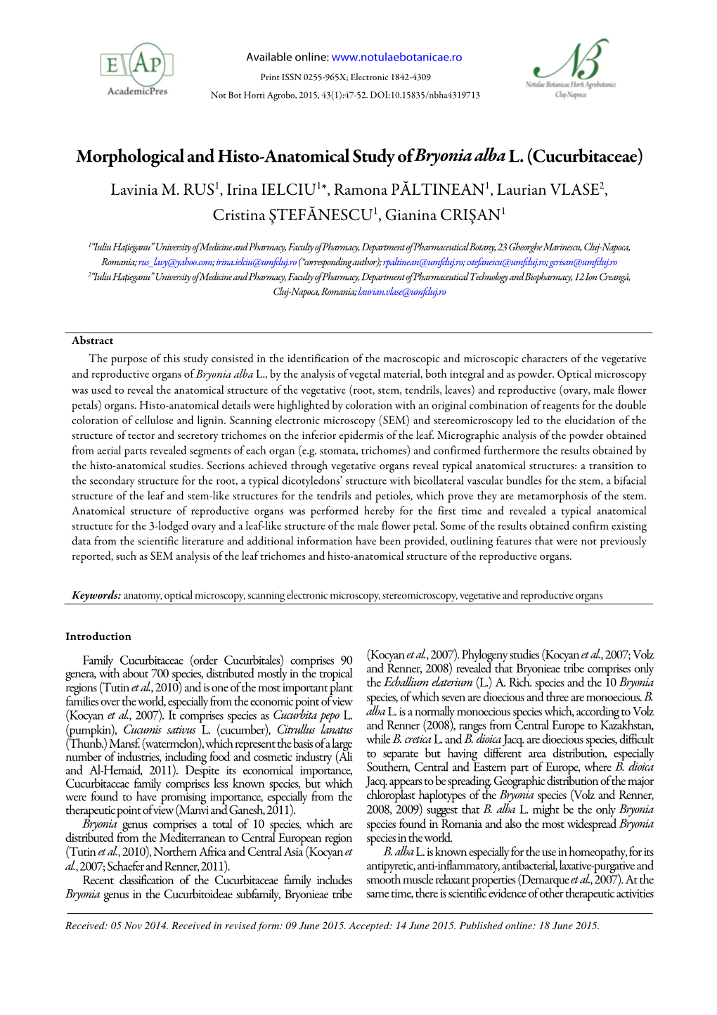 Morphological and Histo-Anatomical Study of Bryonia Alba L