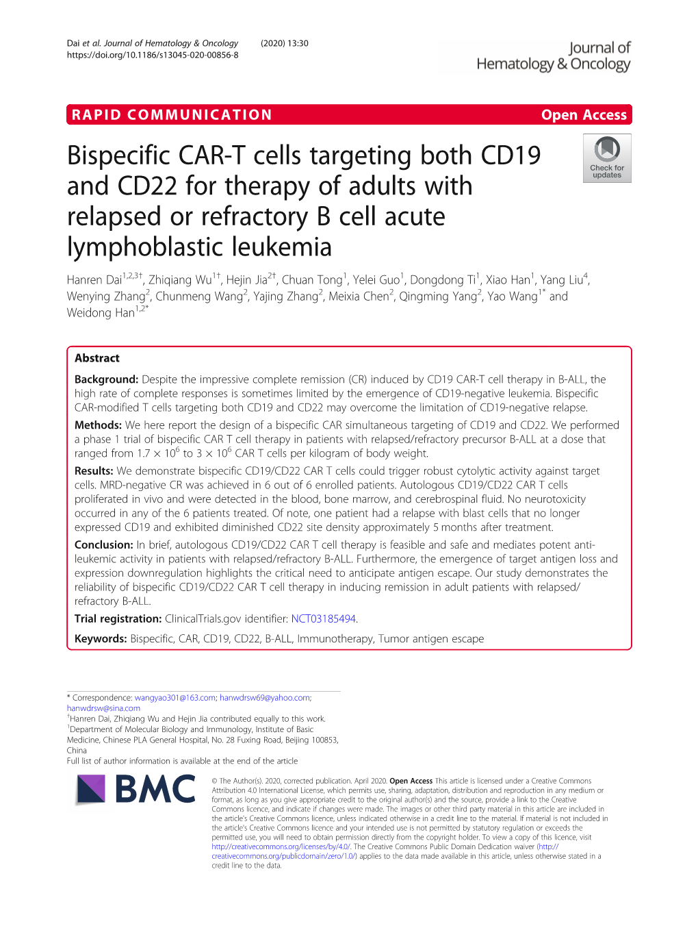Bispecific CAR-T Cells Targeting Both CD19 and CD22 for Therapy Of