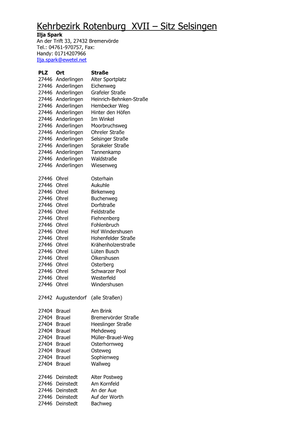 Kehrbezirk Rotenburg XVII – Sitz Selsingen Ilja Spark an Der Trift 33, 27432 Bremervörde Tel.: 04761-970757, Fax: Handy: 01714207966 Ilja.Spark@Ewetel.Net
