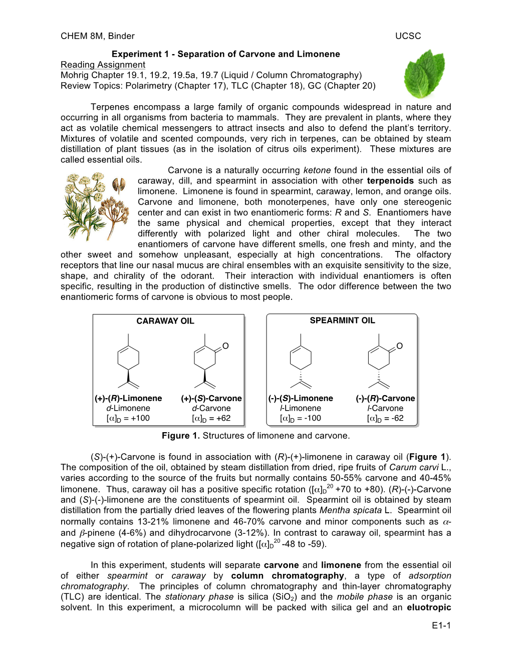 Exp 1 - Separation of Limonene Name ______And Carvone, Due Date in Syllabus