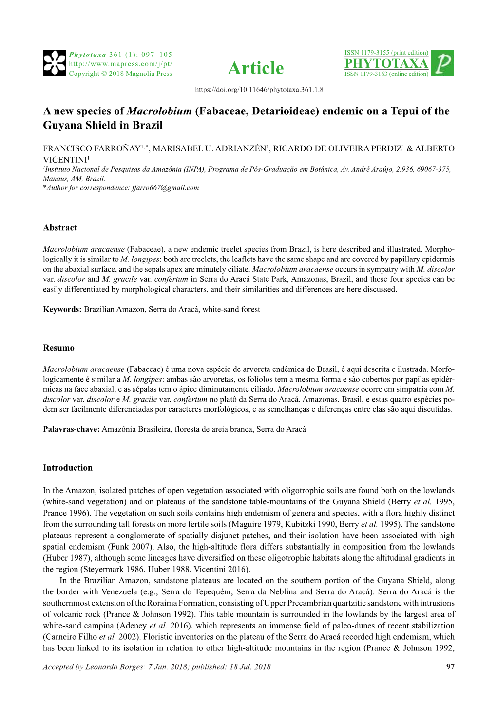 A New Species of Macrolobium (Fabaceae, Detarioideae) Endemic on a Tepui of the Guyana Shield in Brazil