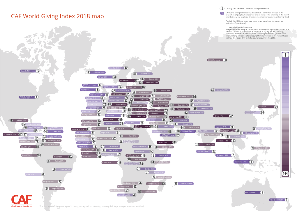 CAF World Giving Index 2018 Map Prior to Interview: Helping a Stranger, Donating Money and Volunteering Time)