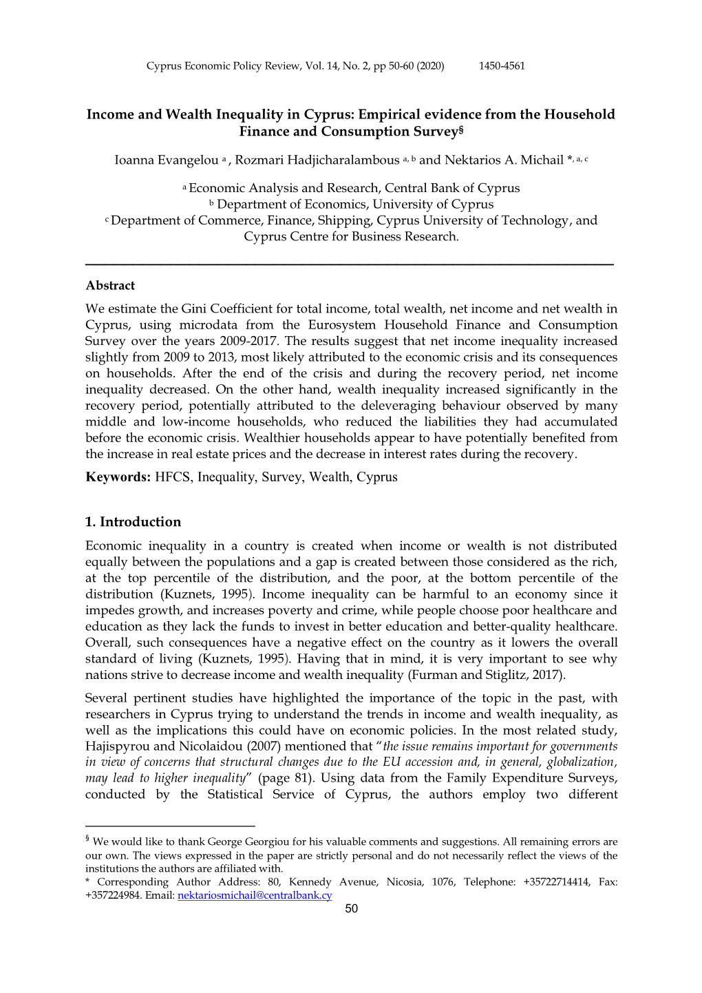 Income and Wealth Inequality in Cyprus: Empirical Evidence from the Household Finance and Consumption Survey§