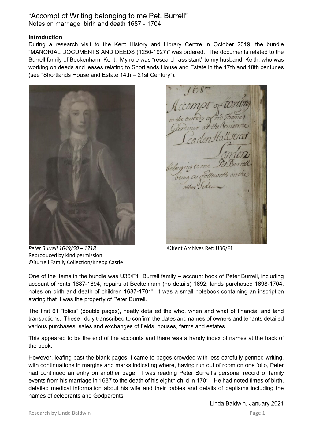 “Accompt of Writing Belonging to Me Pet. Burrell” Notes on Marriage, Birth and Death 1687 - 1704