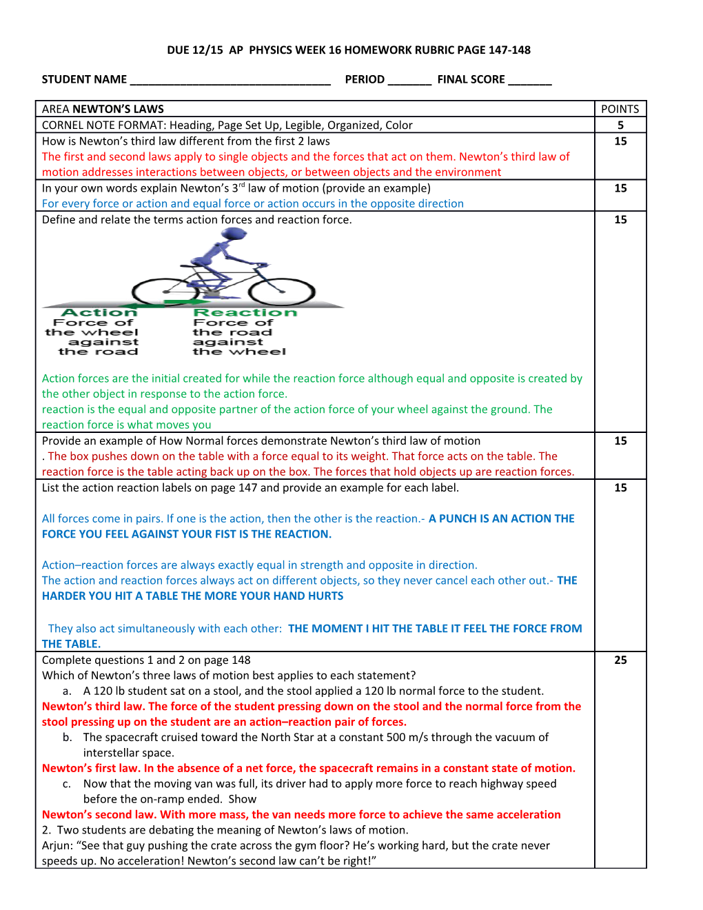 Due 12/15 Ap Physics Week 16 Homework Rubric Page 147-148