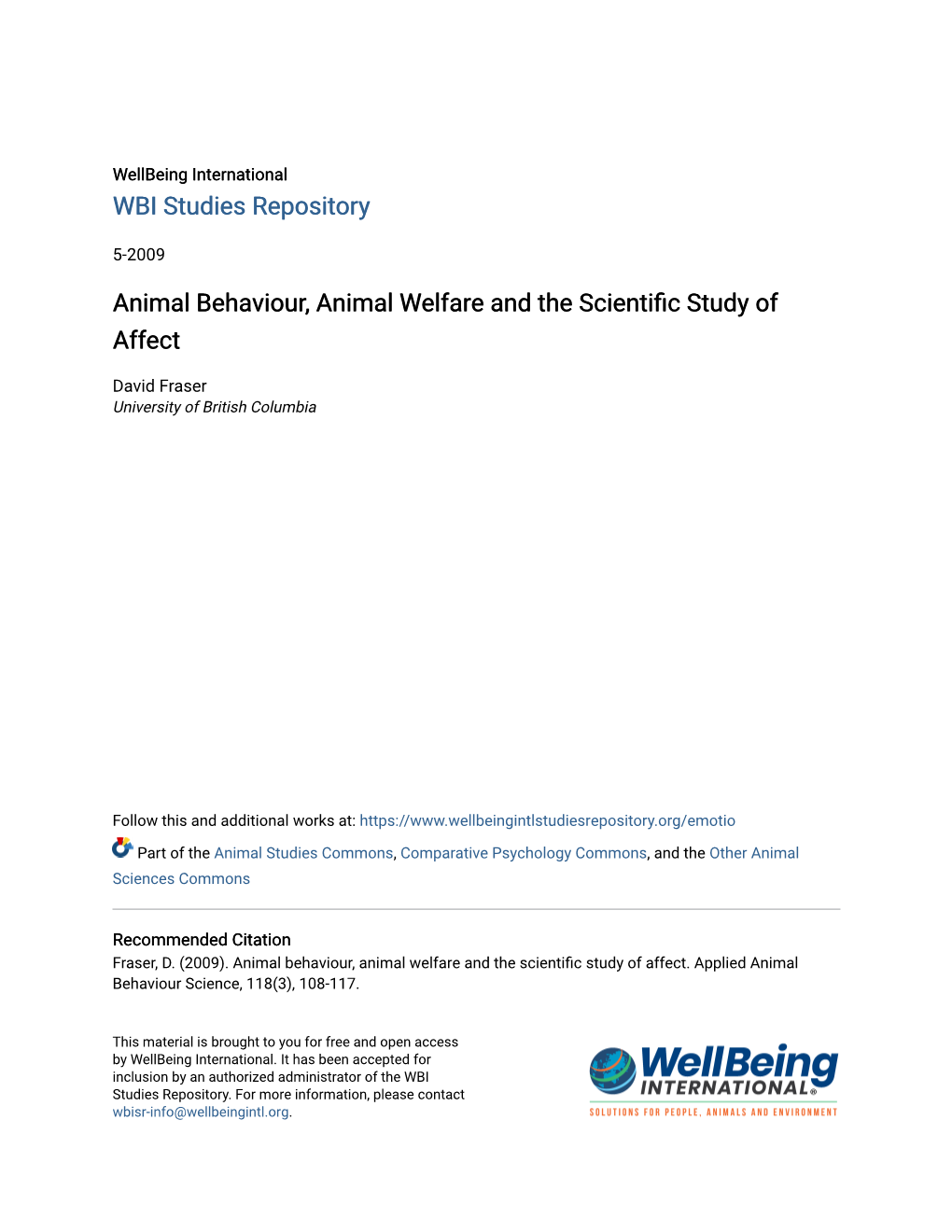 Animal Behaviour, Animal Welfare and the Scientific Study of Affect