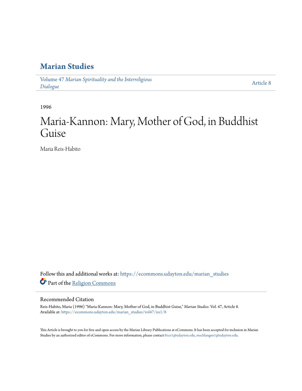 Maria-Kannon: Mary, Mother of God, in Buddhist Guise Maria Reis-Habito