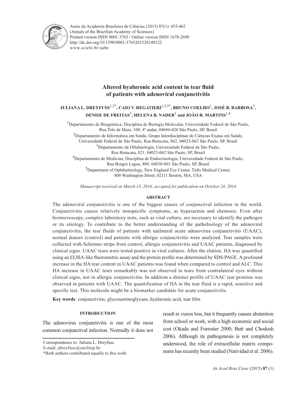 Altered Hyaluronic Acid Content in Tear Fluid of Patients with Adenoviral Conjunctivitis