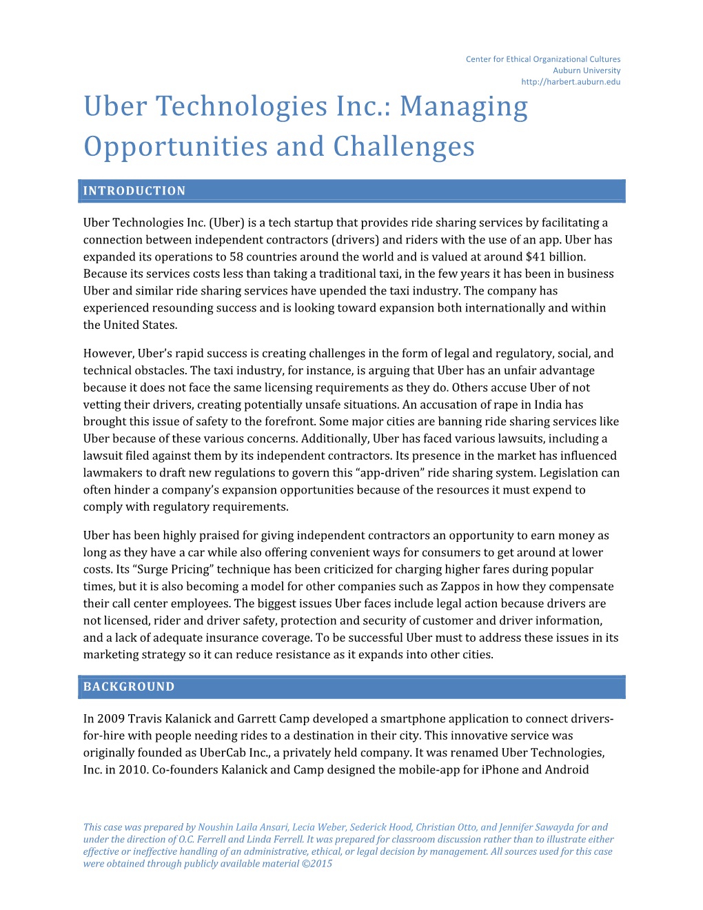 Uber Technologies Inc.: Managing Opportunities and Challenges