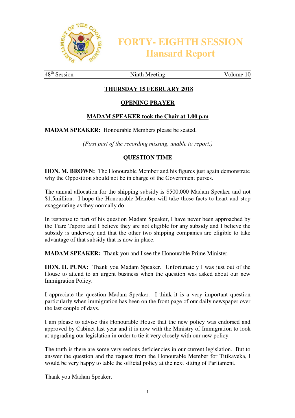 FORTY- EIGHTH SESSION Hansard Report