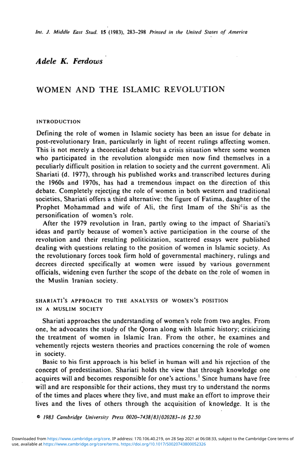 Adele K. Ferdows WOMEN and the ISLAMIC REVOLUTION