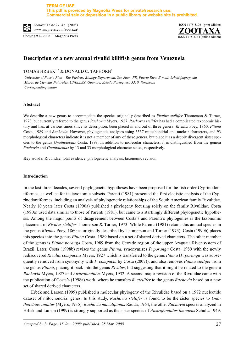 Zootaxa, Description of a New Annual Rivulid Killifish Genus From