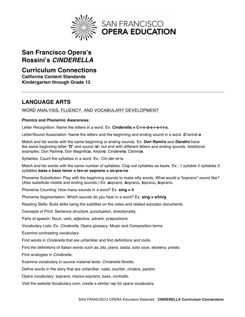 CINDERELLA Curriculum Connections California Content Standards Kindergarten Through Grade 12