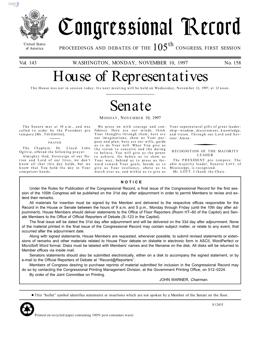 Congressional Record United States Th of America PROCEEDINGS and DEBATES of the 105 CONGRESS, FIRST SESSION