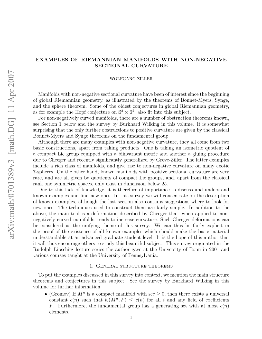 Arxiv:Math/0701389V3 [Math.DG] 11 Apr 2007 Hoesadcnetrsi Hssbet E H Uvyb B by Survey the See Subject