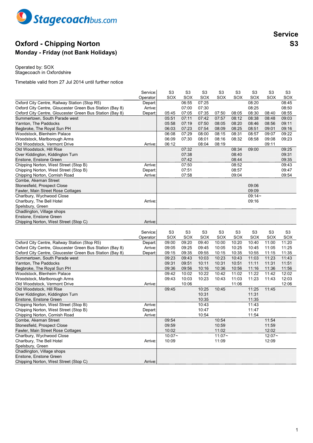 Service Oxford - Chipping Norton S3 Monday - Friday (Not Bank Holidays)