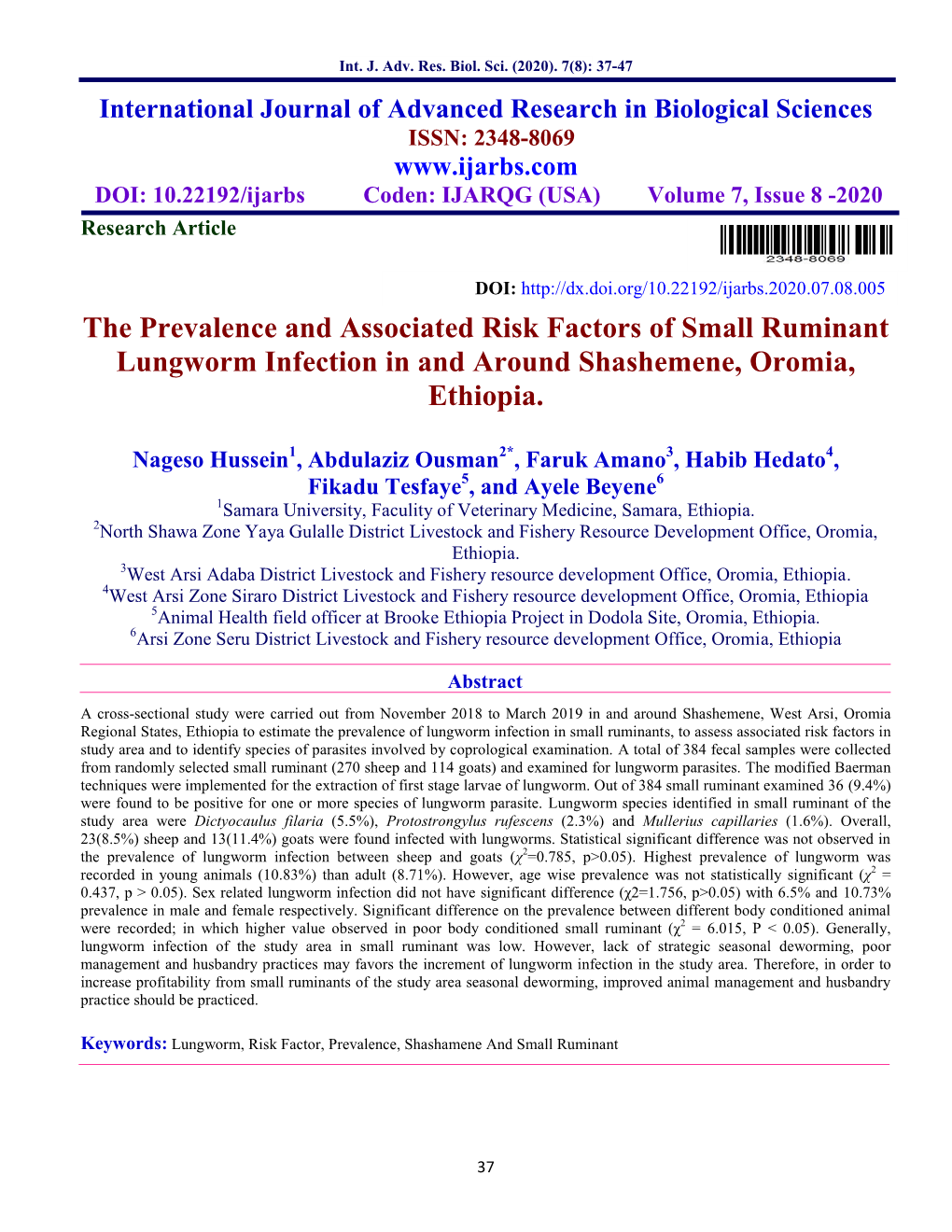 The Prevalence and Associated Risk Factors of Small Ruminant Lungworm Infection in and Around Shashemene, Oromia, Ethiopia