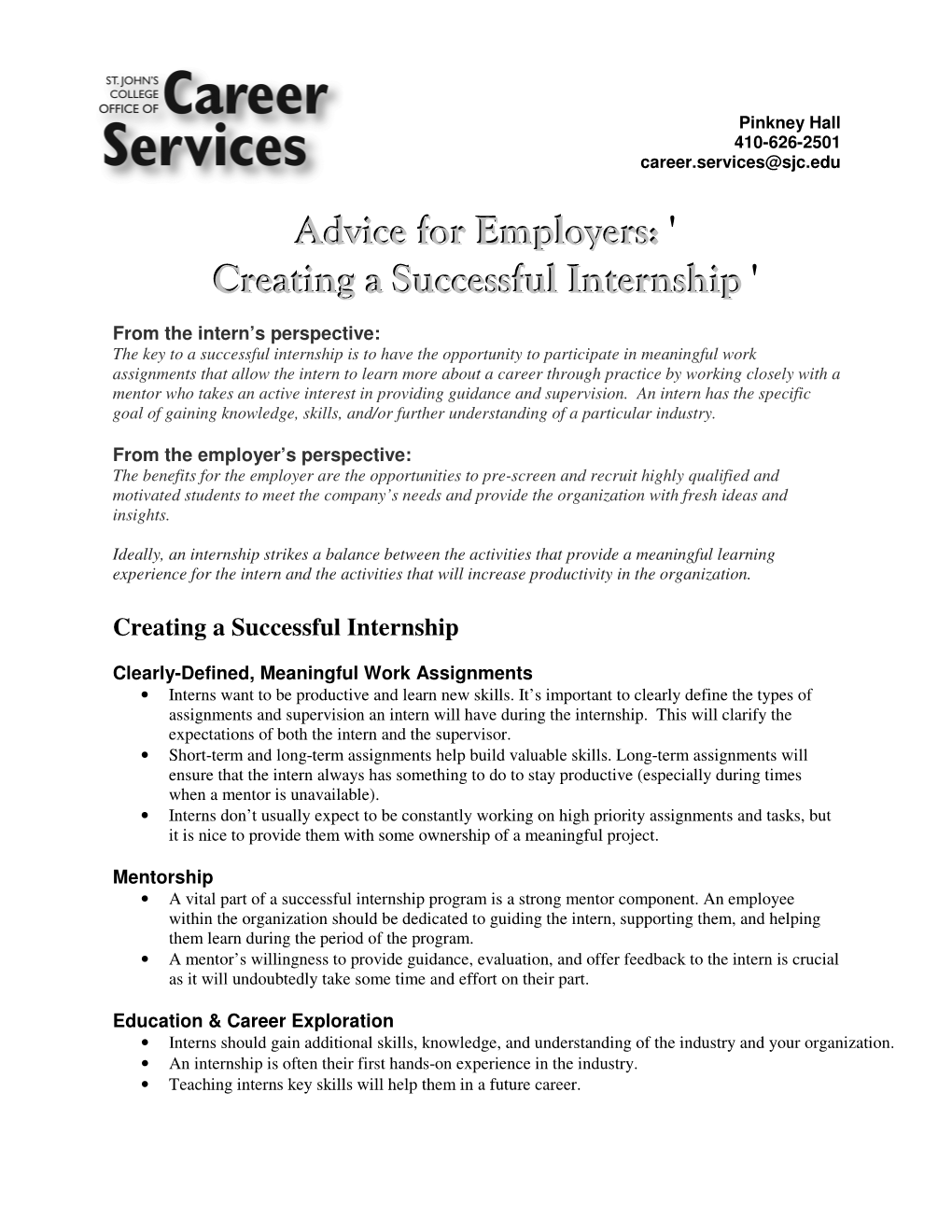 Advice for Employers, Creating a Successful Internship