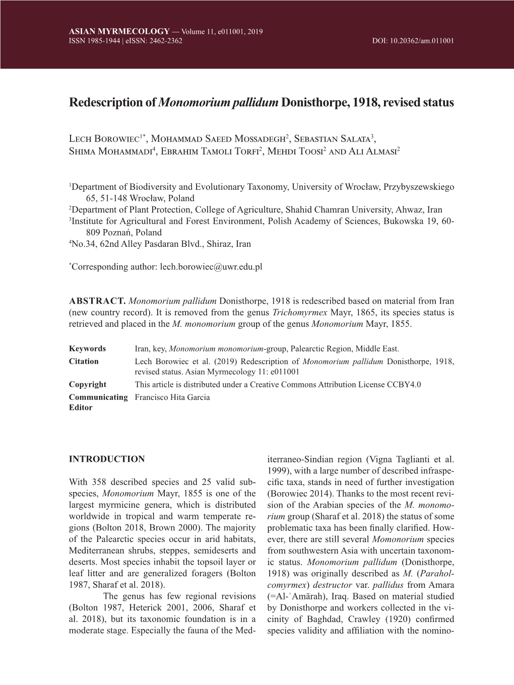 Redescription of Monomorium Pallidumdonisthorpe, 1918, Revised