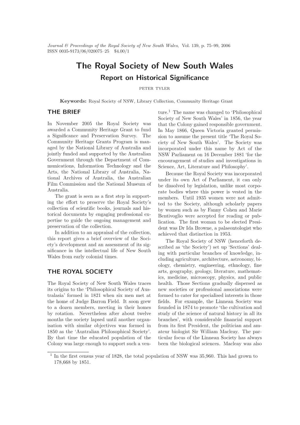 The Royal Society of New South Wales. Report on Historical Significance