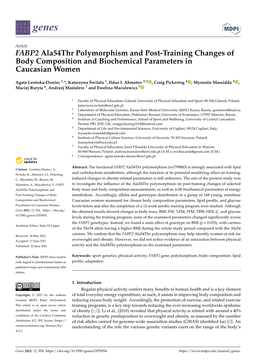 FABP2 Ala54thr Polymorphism and Post-Training Changes of Body Composition and Biochemical Parameters in Caucasian Women