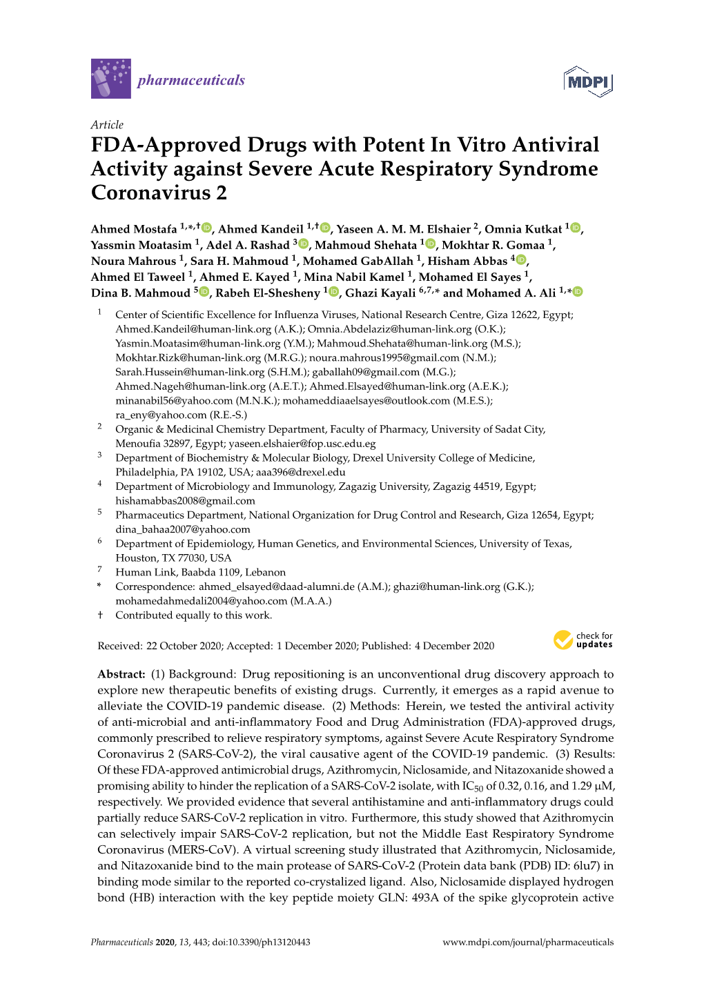 FDA-Approved Drugs with Potent in Vitro Antiviral Activity Against Severe Acute Respiratory Syndrome Coronavirus 2