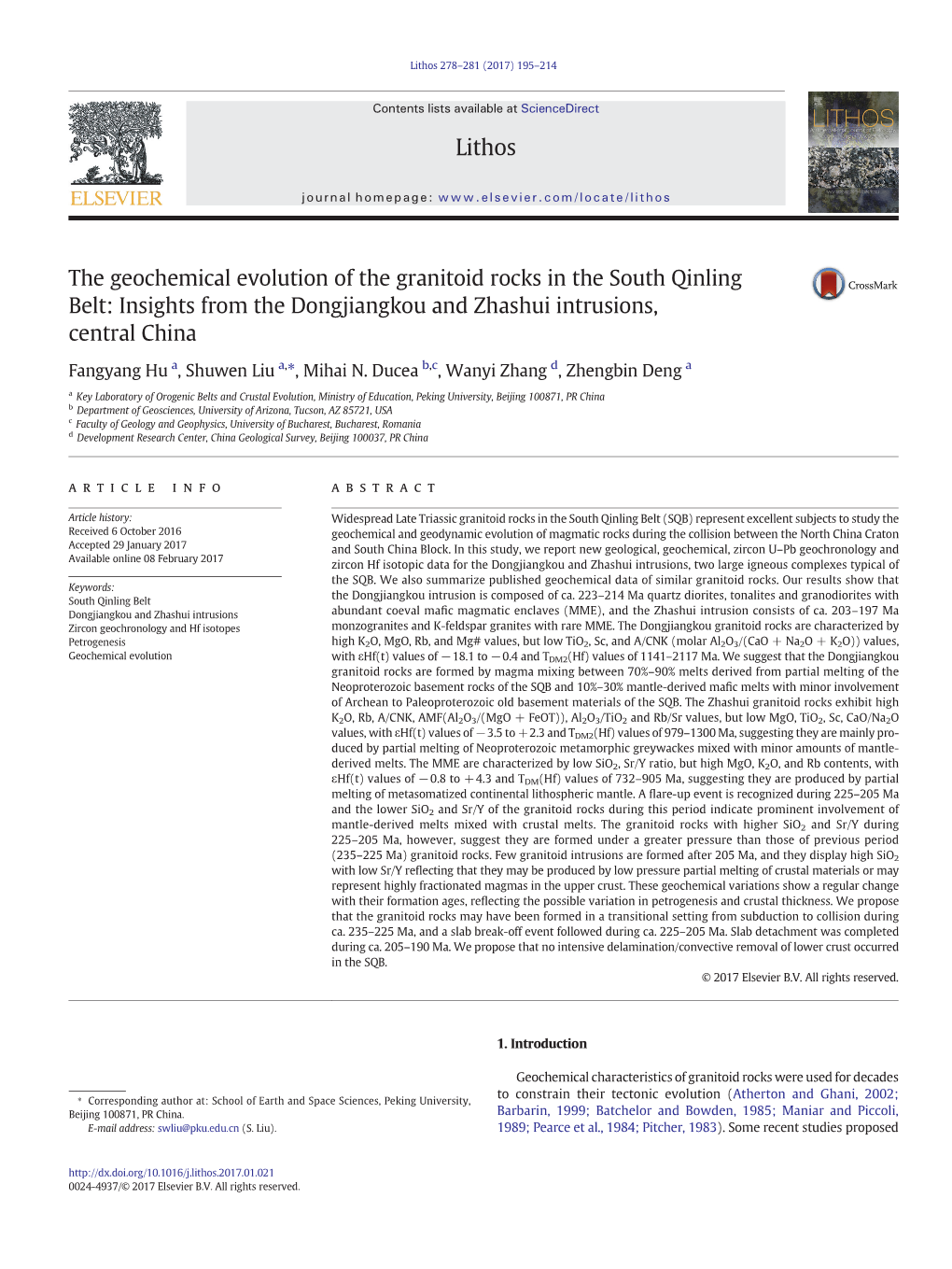 The Geochemical Evolution of the Granitoid Rocks in the South Qinling Belt: Insights from the Dongjiangkou and Zhashui Intrusions, Central China