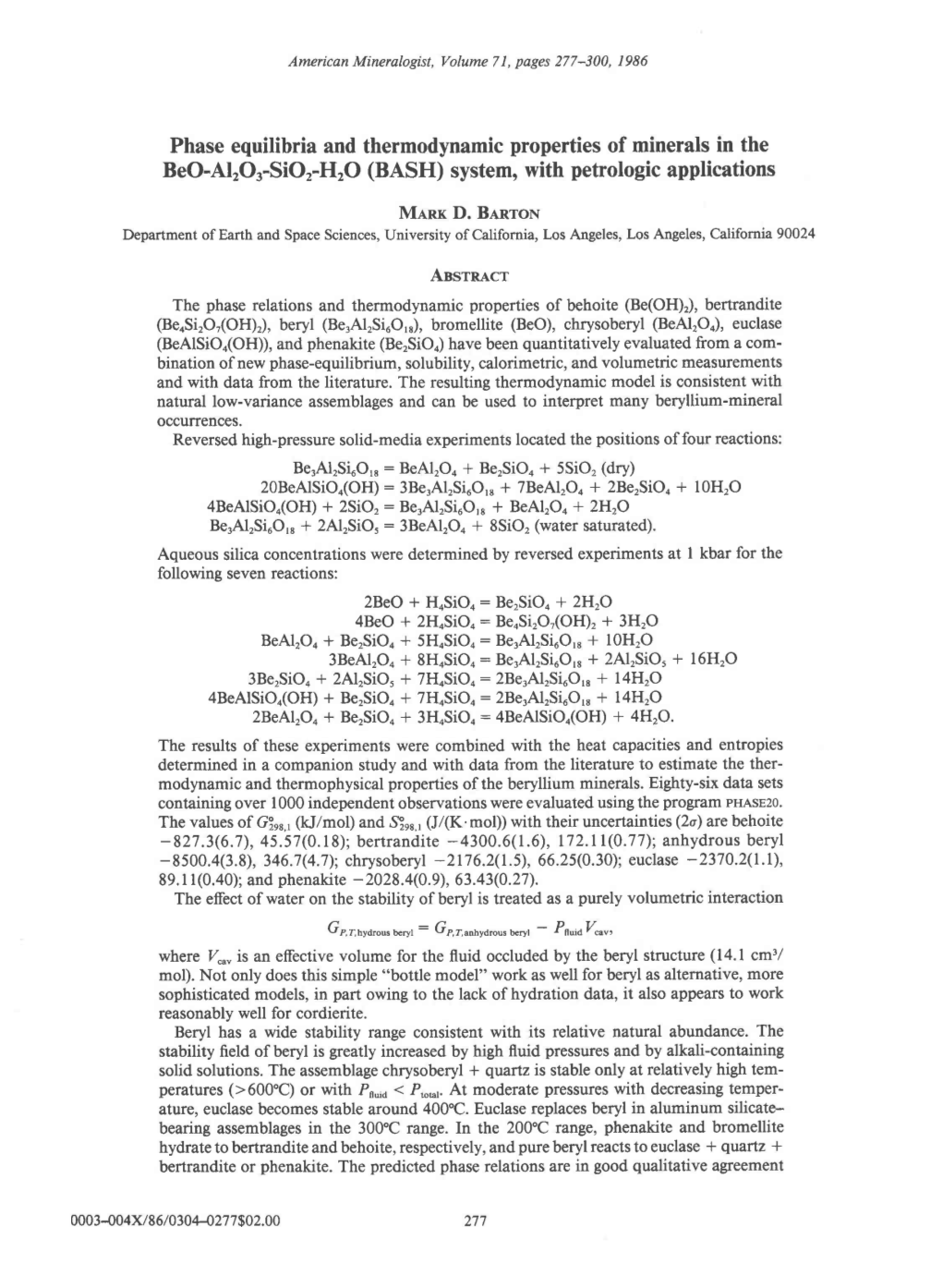 Phase Equilibria and Thermodynamic Properties of Minerals in the Beo