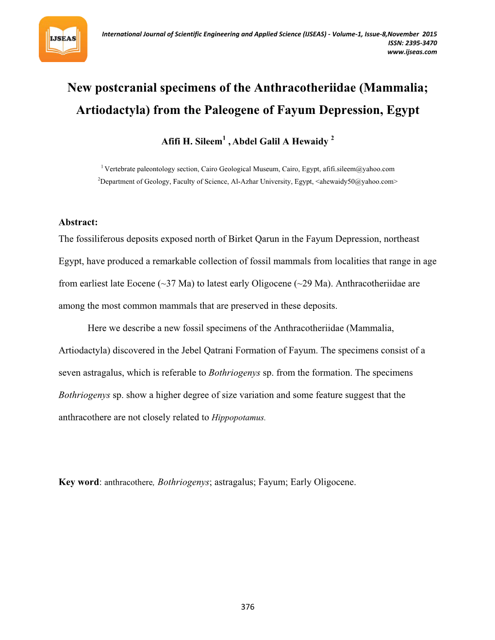 New Postcranial Specimens of the Anthracotheriidae (Mammalia; Artiodactyla) from the Paleogene of Fayum Depression, Egypt